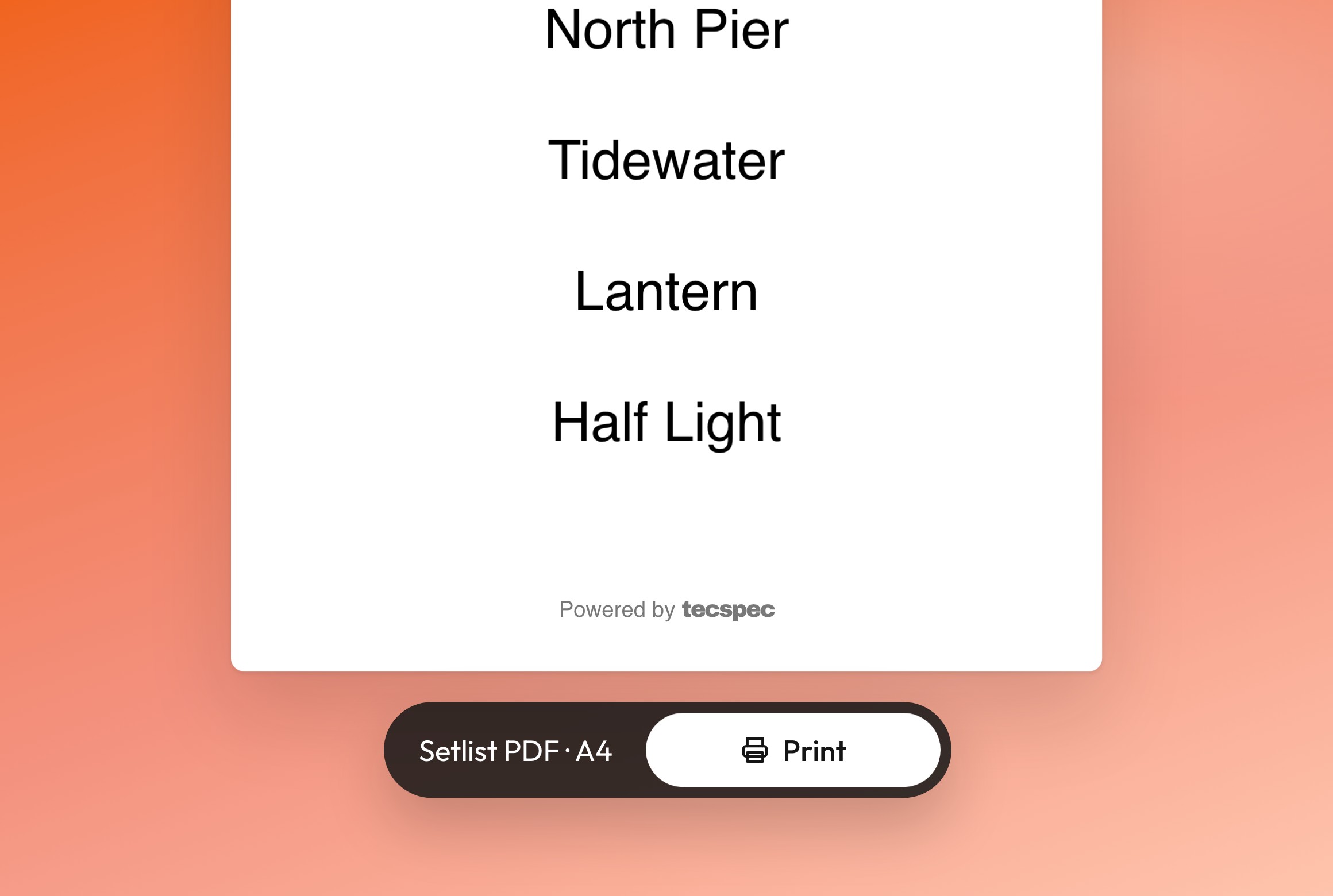 A setlist turning into a printed PDF
