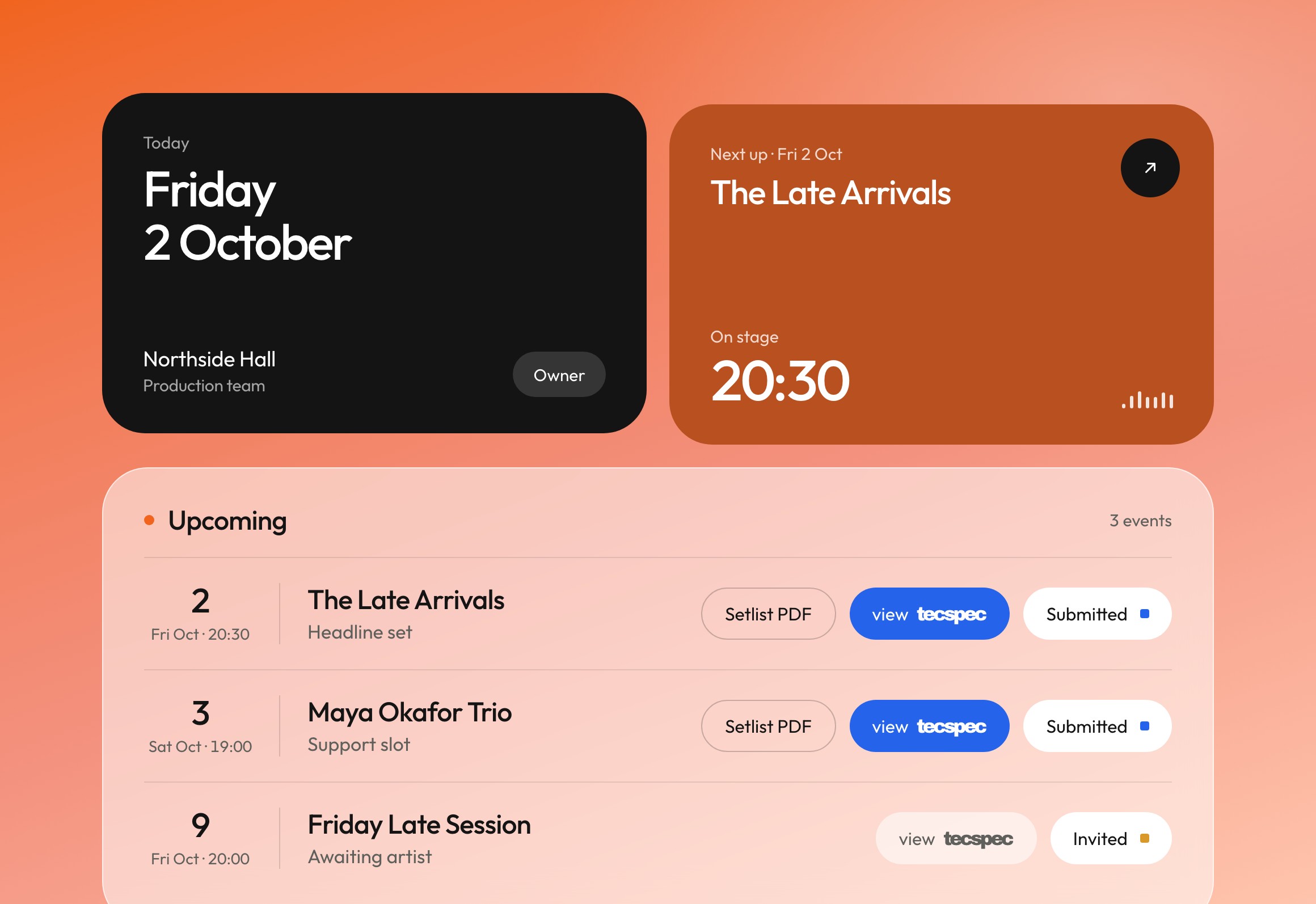 The venue dashboard: today, next up and the upcoming shows