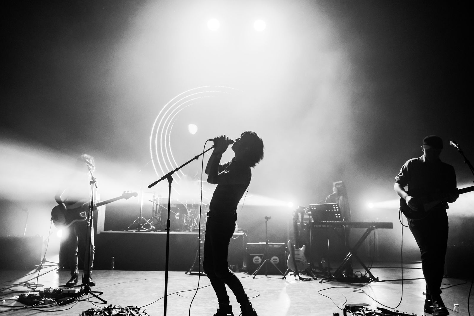 A singer at the microphone under white stage light
